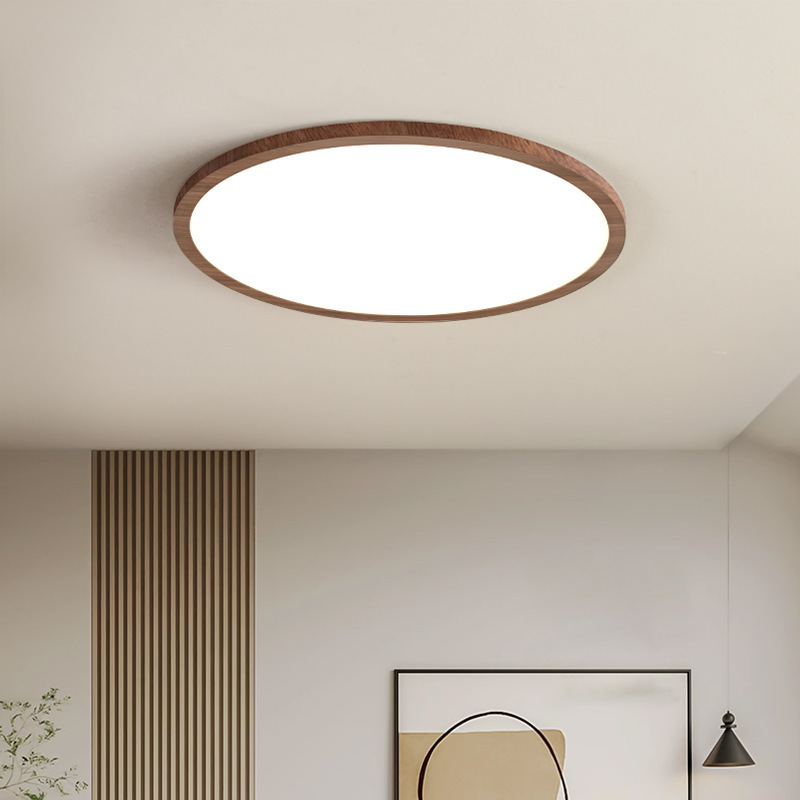 全光譜護眼吸頂燈簡約現代超薄兒童房間燈新中式胡桃木紋臥室燈具