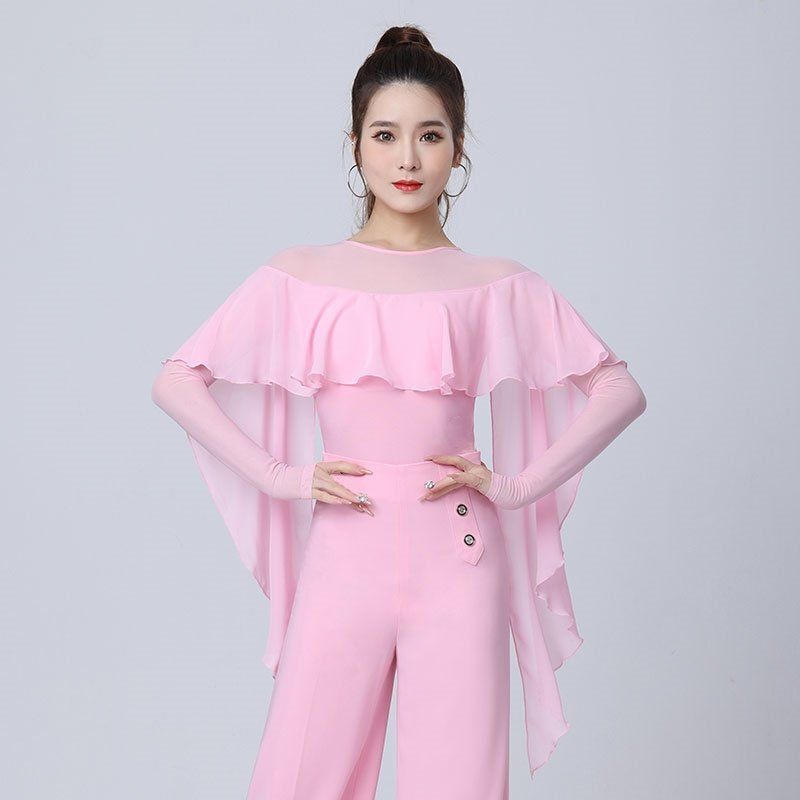 Women's Modern Dance Mesh Stitching Elegant Ballroom Dance Waltz Classical Practice Dance Ruffled Top Women's Modern Dance Mesh Stitching Elegant Ballroom Dance Waltz Classical Practice Dance Ruffled Top