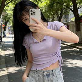 木耳边抽绳短袖T恤女装夏季设计感小众短款紧身辣妹性感上衣ins潮