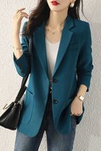蓝色西装外套女两粒扣中长款春秋新款宽松显瘦时尚气质小西服