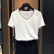 商城同款新款女士钉珠V领短袖T恤2024款夏季银边简约修身半袖上衣