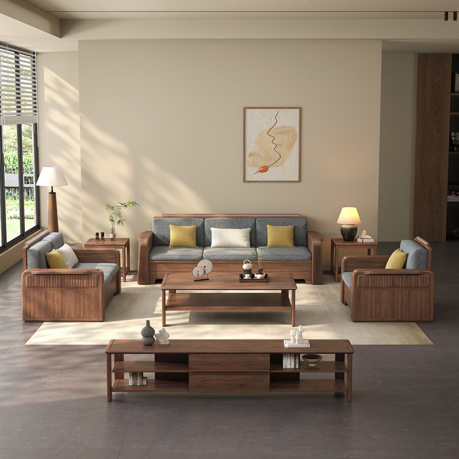 Chinese Style Solid Wooden Walnut Sofa Modern Simple Living Room Combination Small Apartment Winter and Summer Storage Dual-Use Corner Furniture