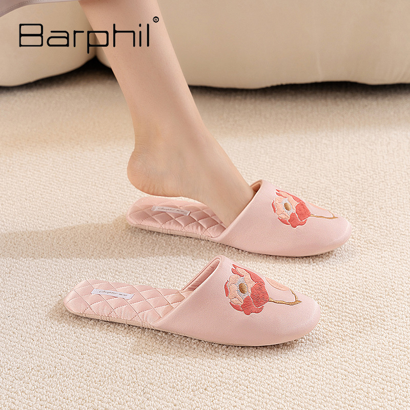 Barphil刺绣拖鞋女月子鞋秋冬季室内家居防滑静音包头新中式棉拖