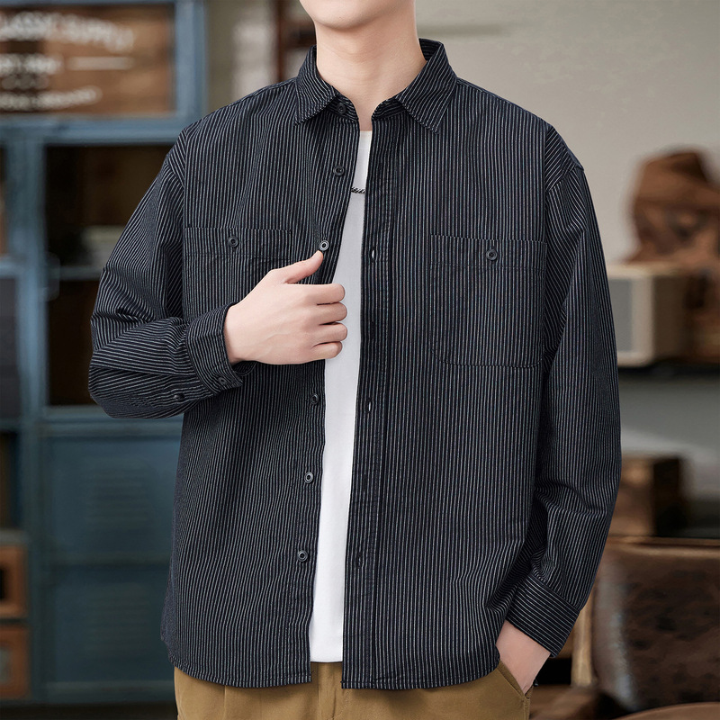 Black Striped Shirt for Men, Spring 2026 New Style, High-End Jacket, Long-Sleeve Clothing, Versatile, Plus Size, Spring and Autumn