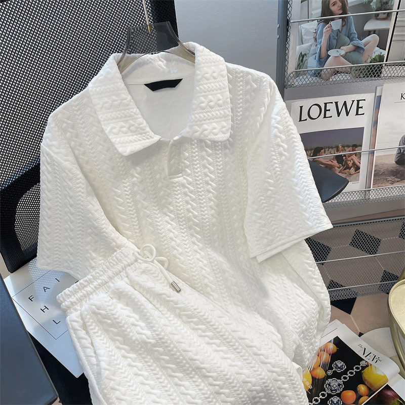Design Sense Niche Waffle Set Polo Shirt Shorts Women's Summer Loose Hong Kong-style Two-piece Short-sleeved T-shirt Top