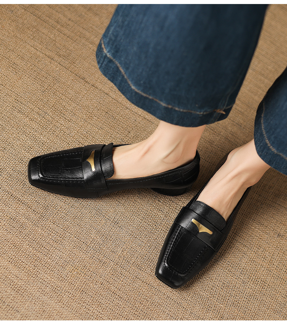 Giày loafer nữ da dê mũi vuông gót thấp kiểu cổ điển — đen chi tiết 7