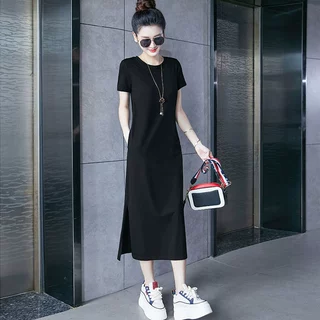 一件代发长款休闲连衣裙女夏季短袖棉质黑色棉质直筒长裙T恤裙子
