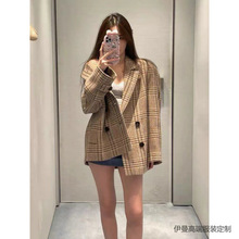 深圳南油高端女装~2023年新款高级感名媛气质卡其色格纹西装外套