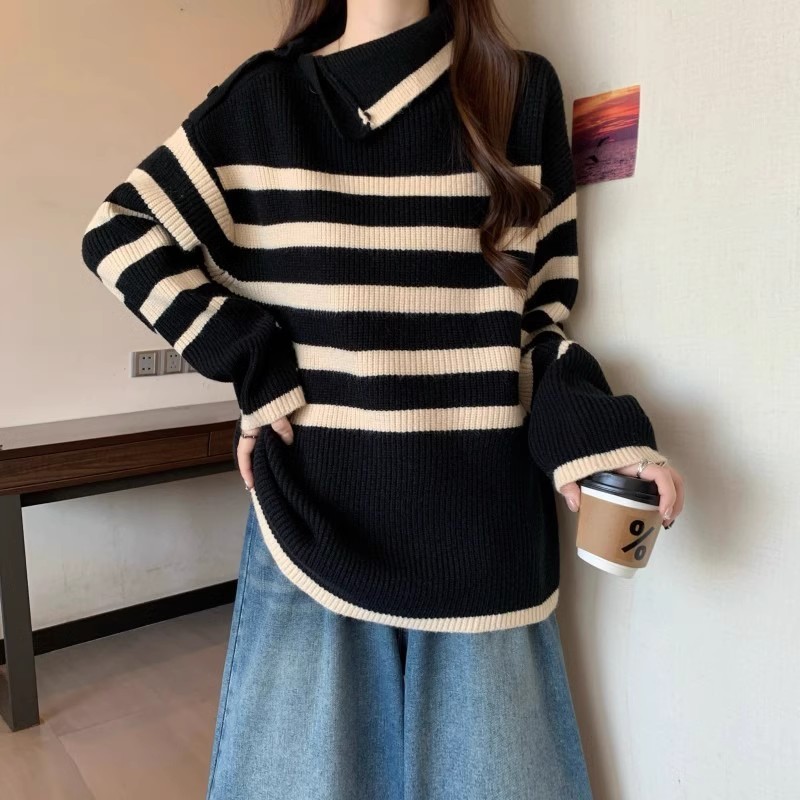 设计感不规则高领条纹长袖针织衫女2025年秋季新款宽松中长款上衣|undefined