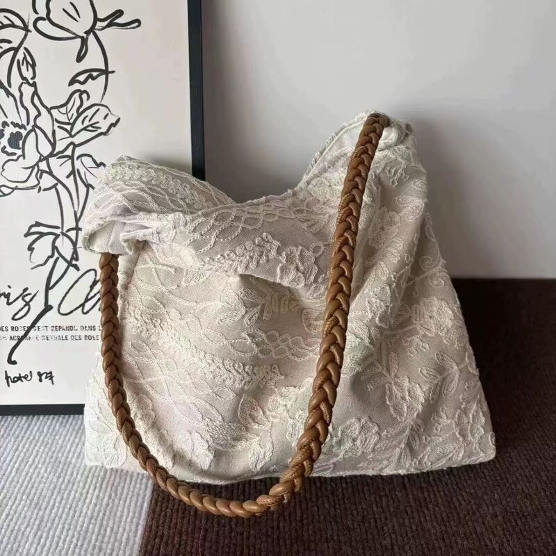 Spring and Summer Niche Original Linen Embroidered Flower Shoulder Tote Bag Spring and Summer All-match Simple Artistic Bag