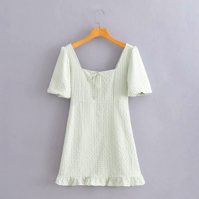 square neck bowknot puff sleeve plaid dress NSAM42207