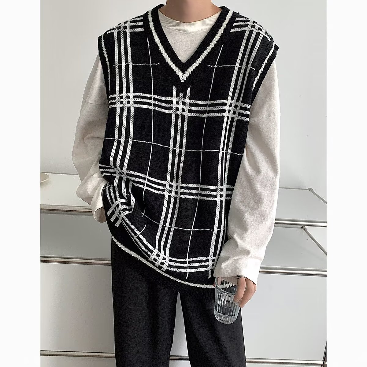 A cuadros grandes de punto pequeño chaleco suéter de primavera y otoño chaleco exterior apilado chaleco adelgazante de moda nuevo chaleco a juego