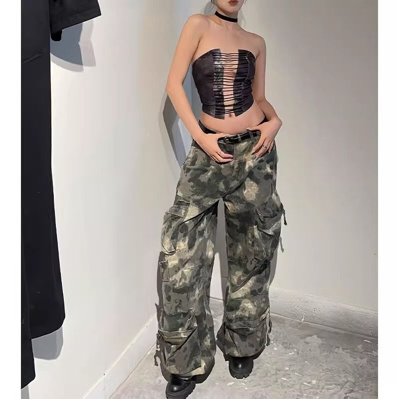 Vintage Low Waist Multi-Pocket Camouflage Workwear Denim Wide Leg Pants Women's Autumn and Winter Lazy Relaxation Loose Straight Pants