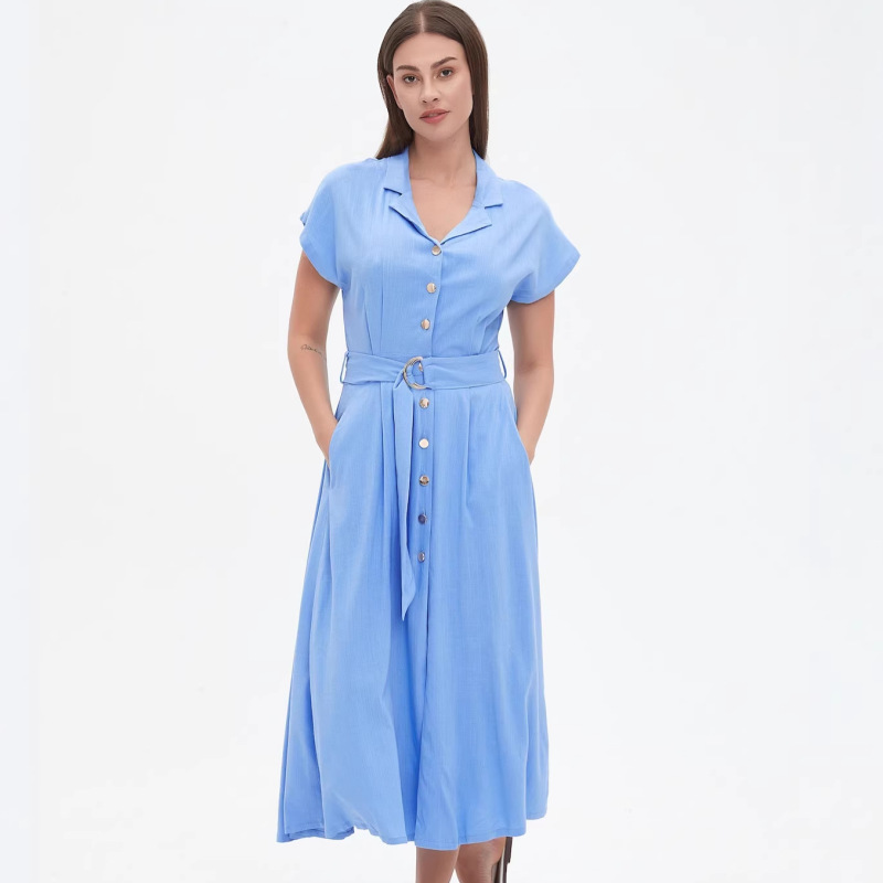 2025 European and American Cross-Border Foreign Trade Women's Clothing French Linen Loose Short-Sleeved High-End Shirt with a Large Hem Long Dress