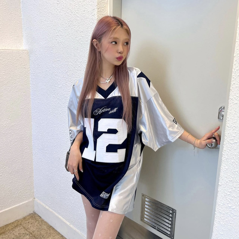 Korean Niche 2000.Archives Loose Slimming Look Breathable American Embroider Retro Jersey Sexy Sports