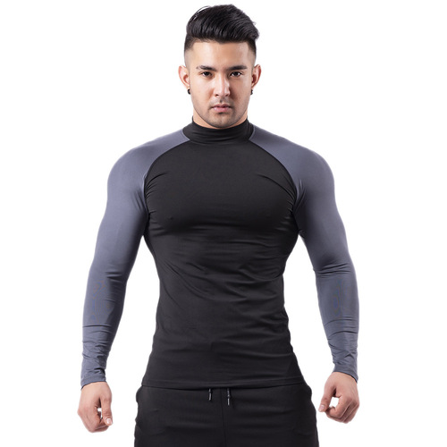 Cross-border fitness clothing for men in autumn and winter high-elastic stand-up collar PRO tights sweat-proof quick-drying T-shirt running sports clothing
