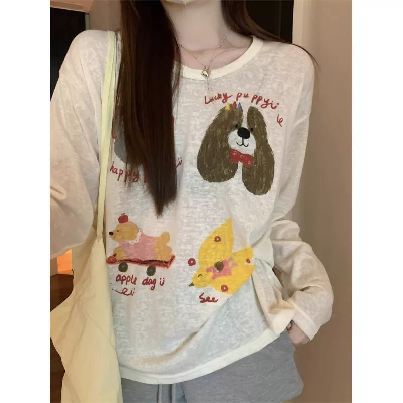 Женская рубашка с длинными рукавами и милым принтом, уменьшающая возраст, летняя тонкая свободная блузка в ленивом стиле для похудения, защита от солнца, слегка прозрачный топ