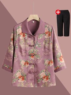Elderly Grandma's Summer Three-Quarter Sleeve Shirt, Mother's New Spring and Summer Style Button-Down Shirt with Chinese Style