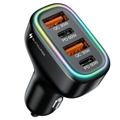 Cross-Border Car Charger Super Fast Charging 2025 New Model 120W Four-Port Pd+Qc Car Charger Flash Charging Four-Port Fast Charging (Mobil şarj cihazları) - pc-plastic-shell-colorful-atmosphere-lights-120w-super-fast-charging-120w-super-fast-charging-dual-pd60w-dual-qc30w