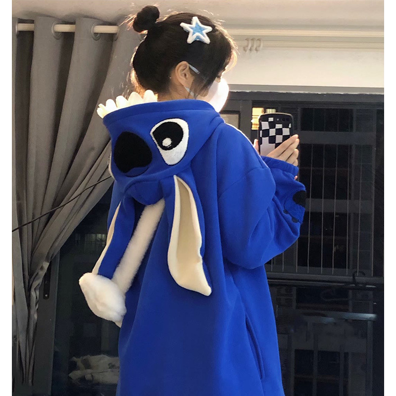 纯棉史迪仔双层帽克莱因蓝大耳朵连帽卫衣女冬季宽松加绒开衫外套|undefined
