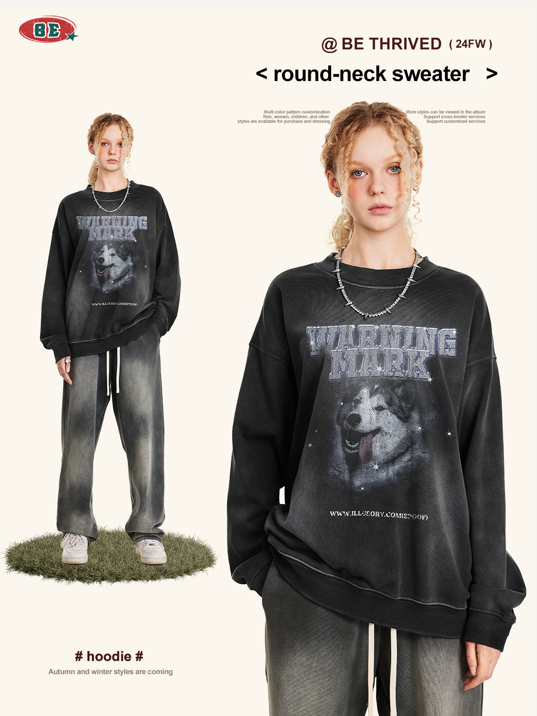 BE ropa de hombre | 2025 otoño adolescente suelto americano retro calle principal estampado animal cuello redondo suéter para hombre