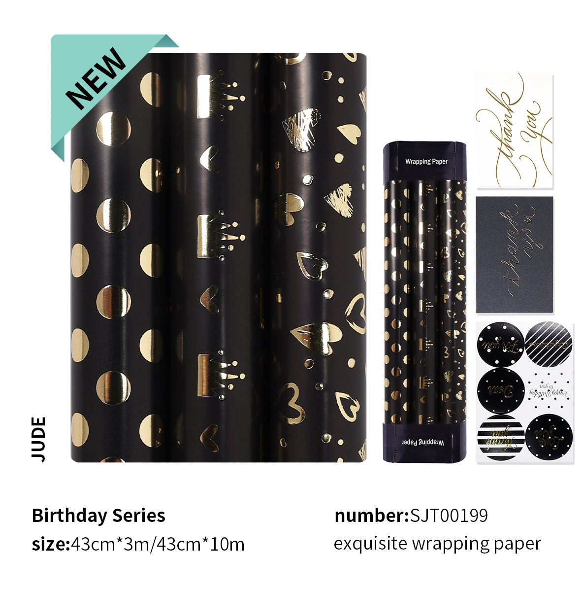 Amazon transfronterizo estampado negro papel de embalaje de regalo de gran tamaño punto de oro negro corona papel de embalaje de regalo de amor