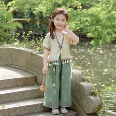 Summer 2024 New Chinese Style Children's Hanfu Set for Girls - Thin Two-Piece Traditional Costume with Chinese Cultural Elements