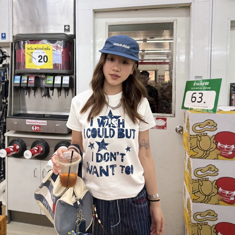 Chuanchuanyi American original design star and letter vintage print regular shoulder short-sleeve T-shirt for women, casual top for trendy girls
