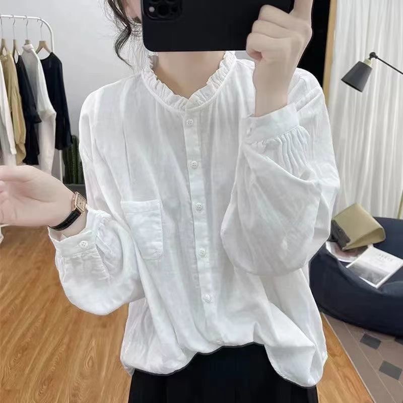纯色长袖棉麻衬衫女春秋复古小个子宽松时尚百搭显瘦衬衣打底外穿|undefined