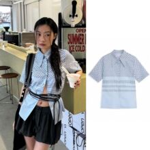 现 yy 25早秋新款 波点蓝色翻领衬衫 上衣 女  短袖