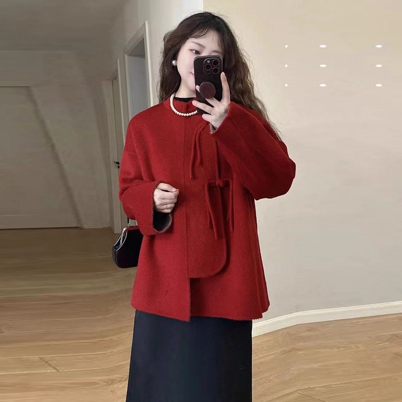 2025早秋季新中式款小个子红色短款韩系双面羊绒毛呢子大衣外套女