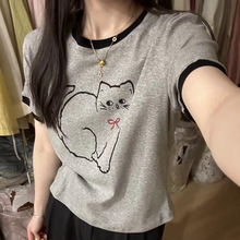 猫咪印花短袖T恤女2024夏季新款圆领撞色百搭显瘦小个子短款上衣