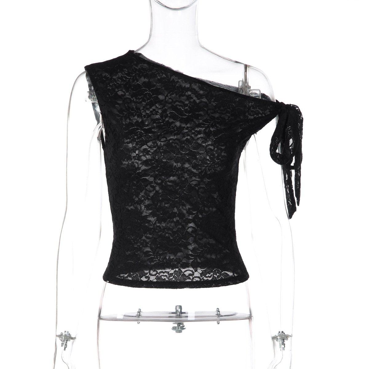 Europe, America 2026 Summer New Fashionable And Sexy Lace Mesh Composite Slim-fitting Semi-transparent Diagonal Neck Lace-up Top_ecoleips.com