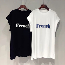 字母印花卷边落肩飞飞袖短袖T恤女夏季宽松百搭中长款上衣打底衫