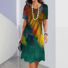 欧美跨境夏威夷热带度假风3D数码印花宽松休闲圆领时尚连衣裙