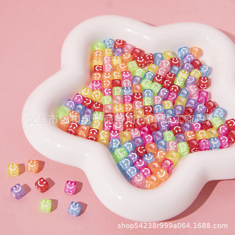 Macaron Color 6*6 Transparent Square Smiley Face Loose Beads DIY Handmade Beads Loose Beads Mobile Phone Chain Straight Hole Loose Beads