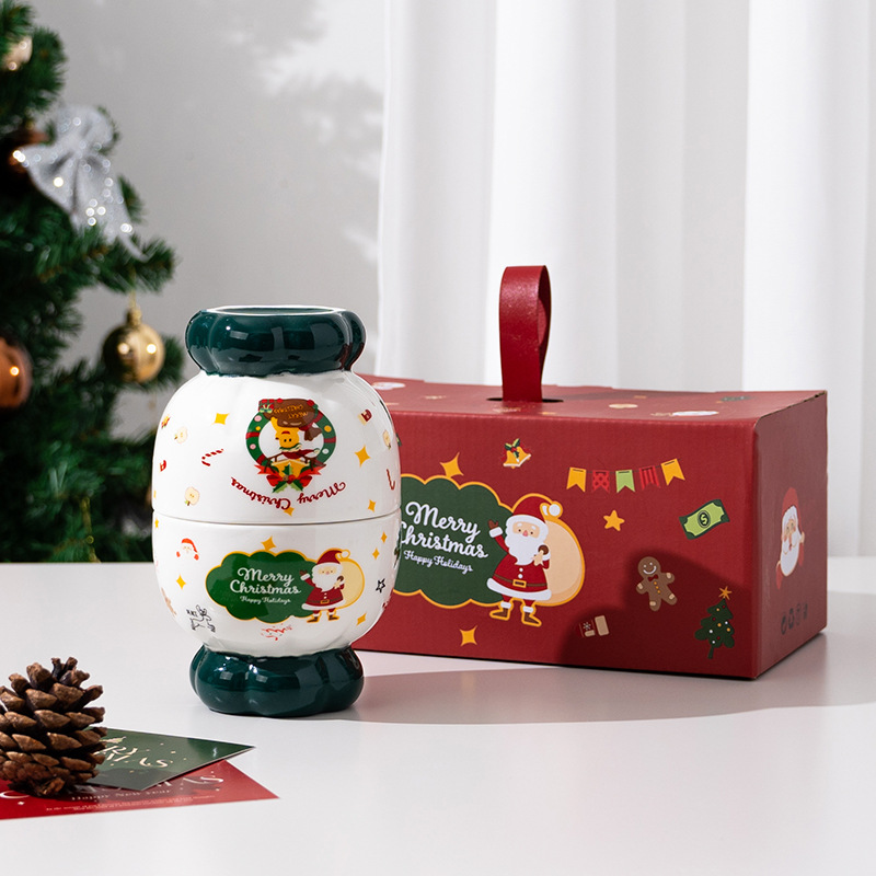 Taza navideña creativa, taza de cerámica con tapa y cuchara, taza para beber, taza de alta gama, taza de gran capacidad con diseño de árbol de Navidad