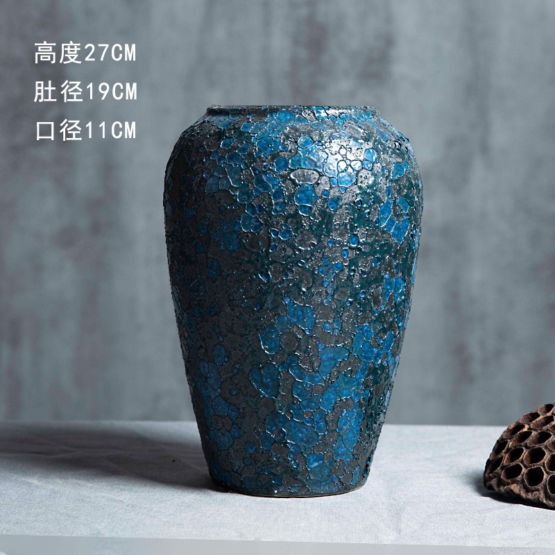 景徳鎮の陶磁器の花瓶の置物の客間の生け花の新しい中国式の玄関の装飾品の花器の復古の太い陶缶の植木鉢|undefined