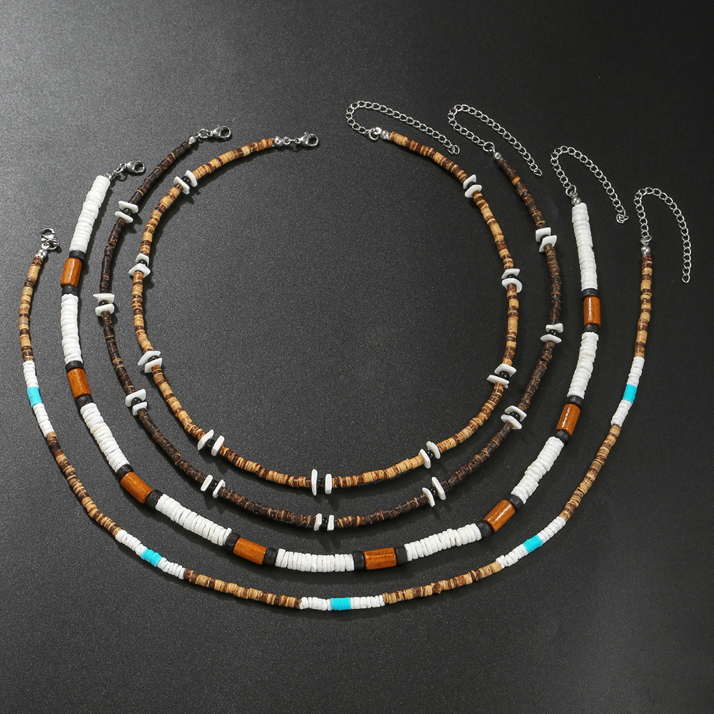 European and American Wood Chip Coconut Shell Splicing Necklace Trendy Bohemian Style Soft Clay Broken Shell Men's Stainless Steel Necklace