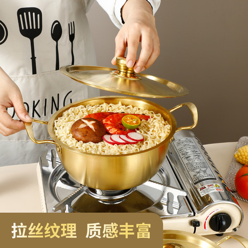 Stainless steel gold-colored Korean-style instant noodle pot with dual ears, thickened for universal stove use, wholesale seafood and lobster dry pot