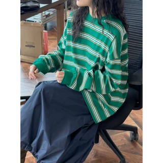 卢浮春季新款韩版复古彩色条纹长袖T恤干爽舒适简约休闲上衣女