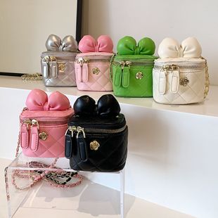 Kindergarten Cute Bow PU Shoulder Bag Fashion Chain Plaid Crossbody Bag Large Capacity Rhombic Children's Bag
