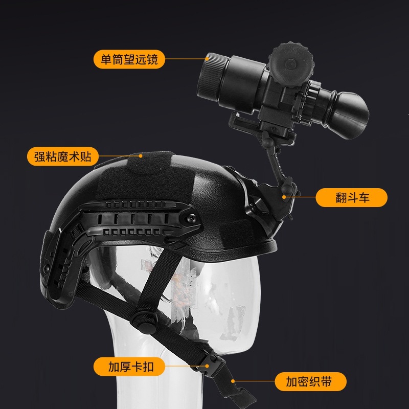 El modelo de imagen térmica T7 se simula con un casco portátil y un dispositivo de visión nocturna se puede ver transparentemente.