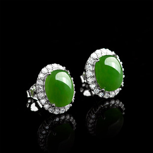 Spinach Green Natural Old Material Hetian Jasper Egg Face Earrings for Women Genuine S925 Silver Jade Stone Earrings