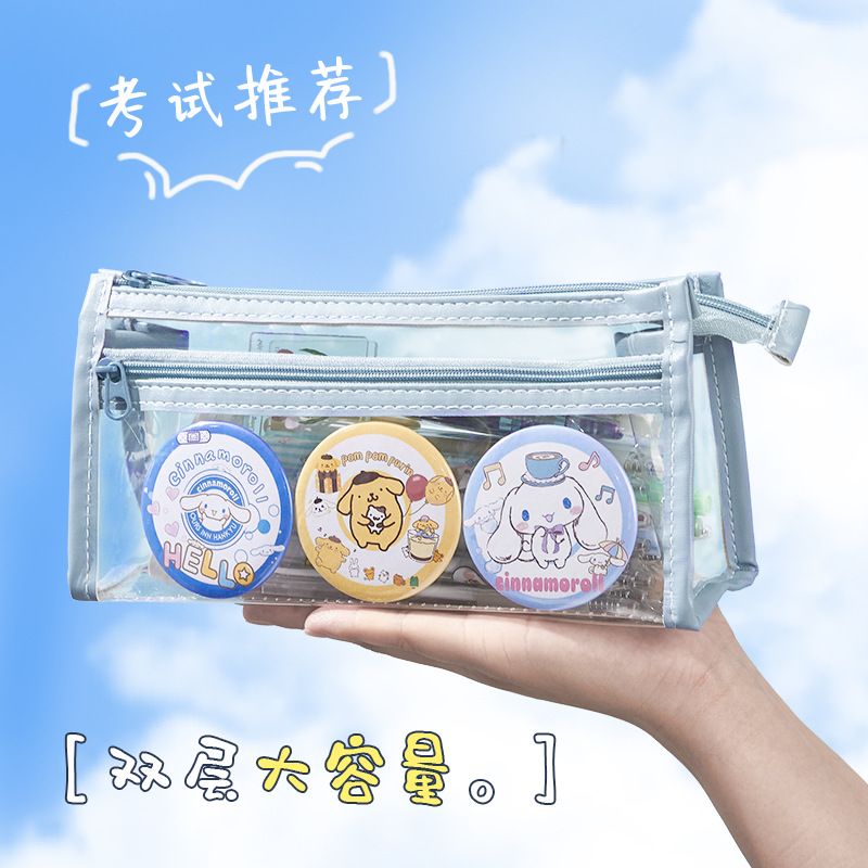 Caso de lápiz de doble capa transparente triángulo caja de lápiz Examen de gran capacidad Niña de escuela primaria Papelería de alta apariencia Bolsa Lápiz Caso