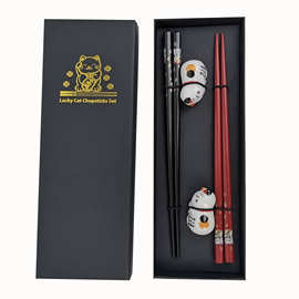 日式招财猫筷子筷架二人组 日式环保漆筷套装 红黑经典夫妇对筷
