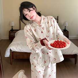 2026早春新品少女点点樱桃甜美翻领家居服长袖休闲宽松睡衣套装棉