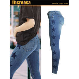 速卖通ebay欧美刺绣星星图案女式牛仔女修身弹力铅笔裤