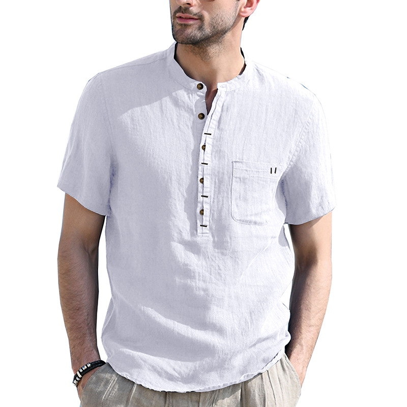 Ropa de hombre transfronteriza de comercio exterior Camisa de manga corta de bolsillo de color sólido con cuello Henry Amazon Camisa de algodón y lino de hombres europeos y americanos al por mayor