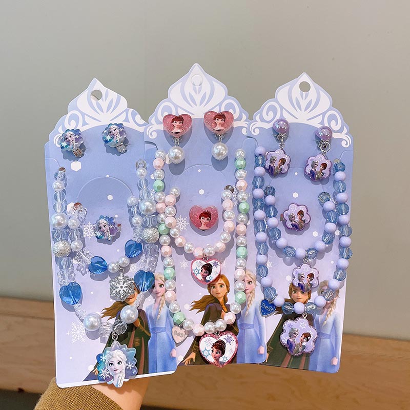 Ice Princess creative children's jewelry suit snowflake love pendant bracelet jewelry girls' ear clip ring accessories